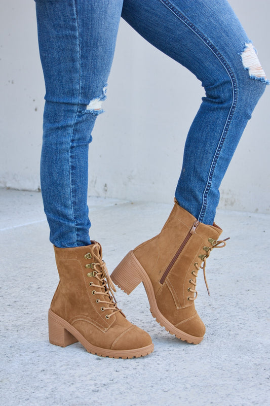 Forever Link Lace-Up Zipper Detail Block Heel Boots - Opulent Empire