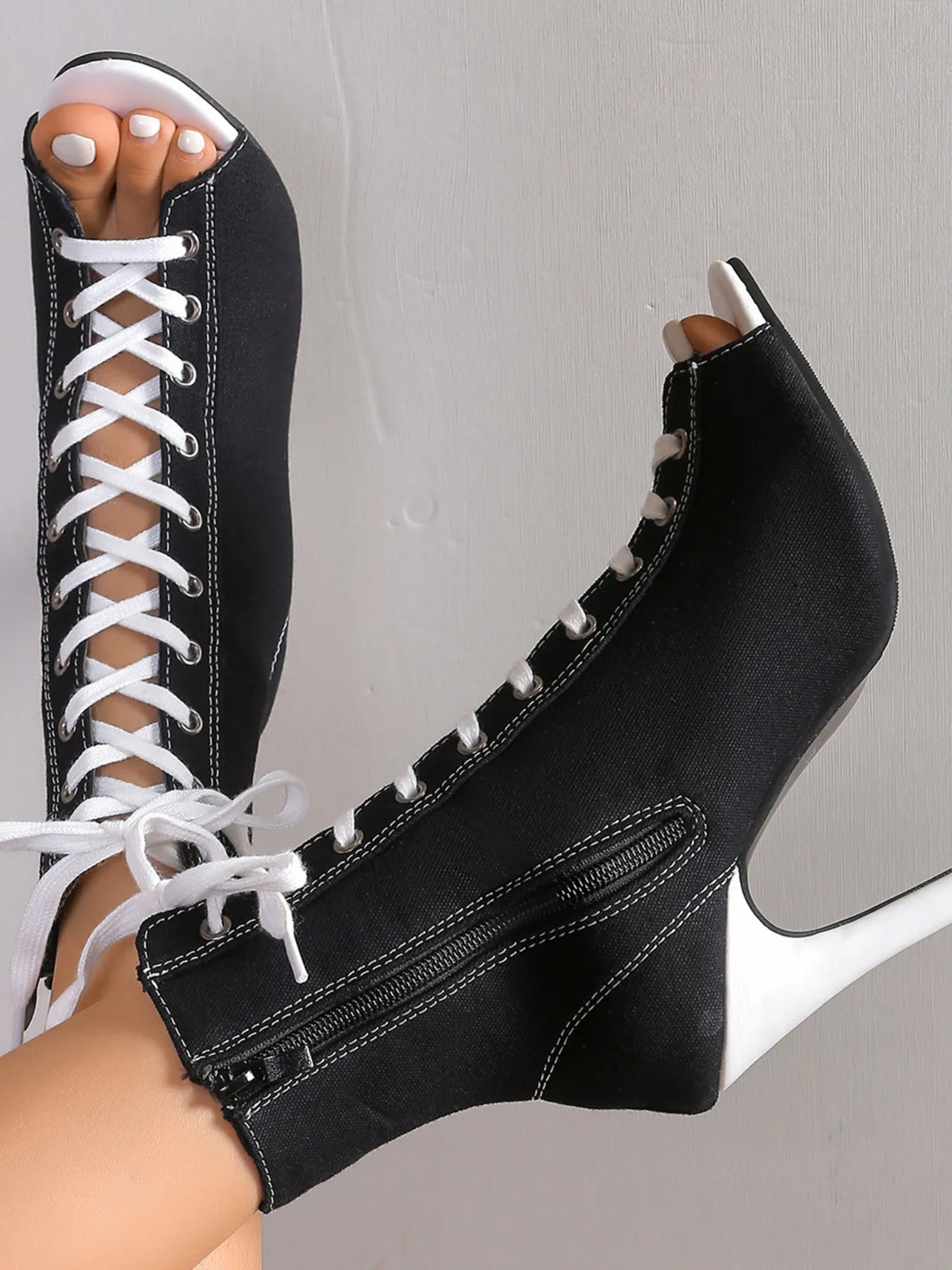 Fable Sorrento — Canvas Lace-Up Peep Toe Stiletto Ankle Boots Fashion Footwear, alternate view 5
