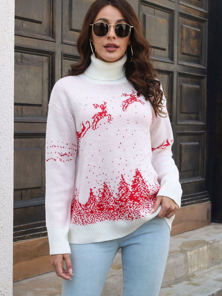 Reindeer & Snow Pattern Turtle Neck Pullover Sweater