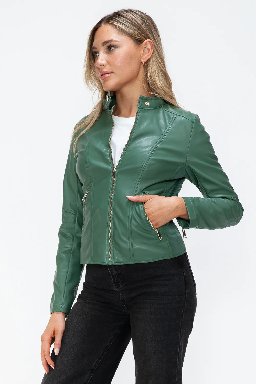 Winter Rosetti — Snobbish Faux Leather Zip Up Drawstring Hooded Jacket, alternate view 25