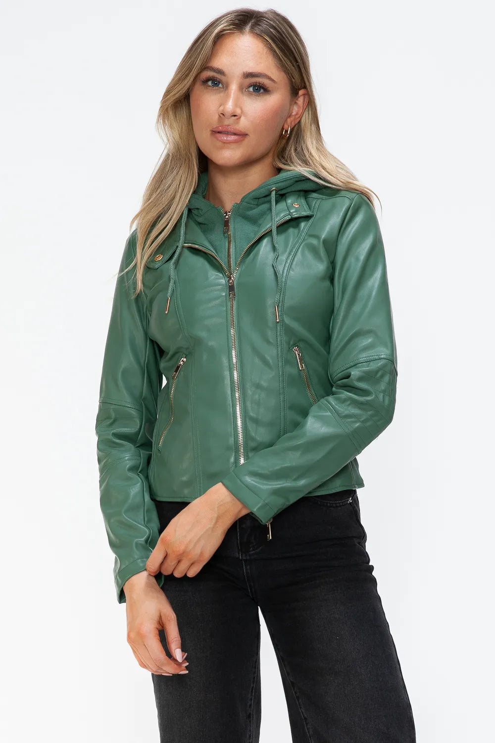 Winter Rosetti — Snobbish Faux Leather Zip Up Drawstring Hooded Jacket, alternate view 4