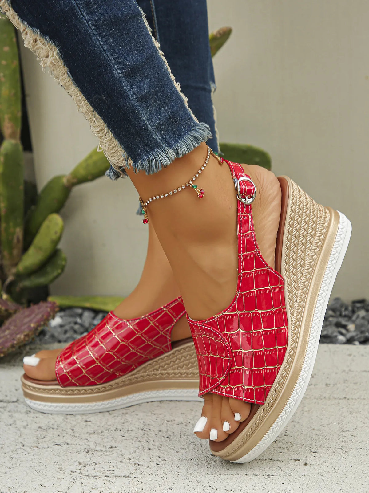 Ellis Fiorenza — Crocodile Pattern Platform Wedge Sandals Fashion Footwear, alternate view 6