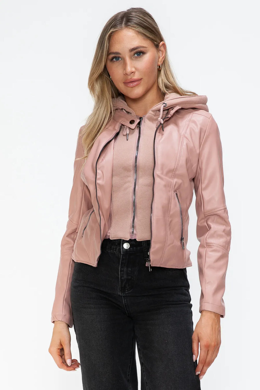 Rain Rosetti — Snobbish Faux Leather Zip Up Drawstring Hooded Jacket