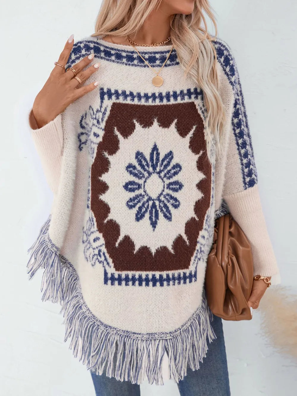 Wren Sorrento — Fringe Geometric Long Sleeve Poncho, alternate view 4