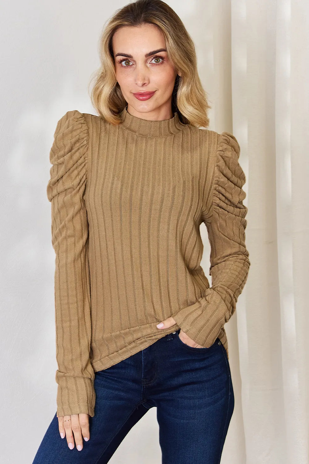 Ciel Delacroix — Basic Bae Full Size Ribbed Mock Neck Puff Sleeve T-Shirt, alternate view 24