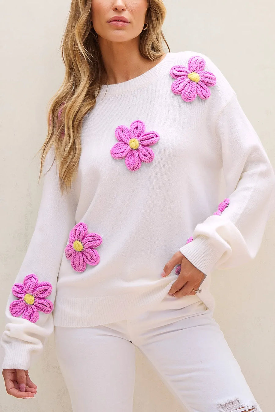 Rowan Delacroix — Crochet Flower Round Neck Long Sleeve Sweater