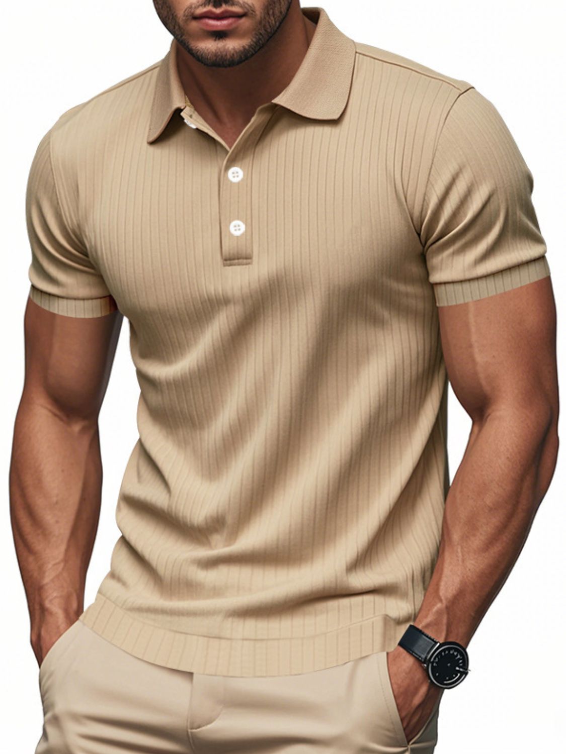 Matteo — Men's Full Size Ribbed Short Sleeve Polo Plus Size Men's Tailored Shorts, alternate view 9