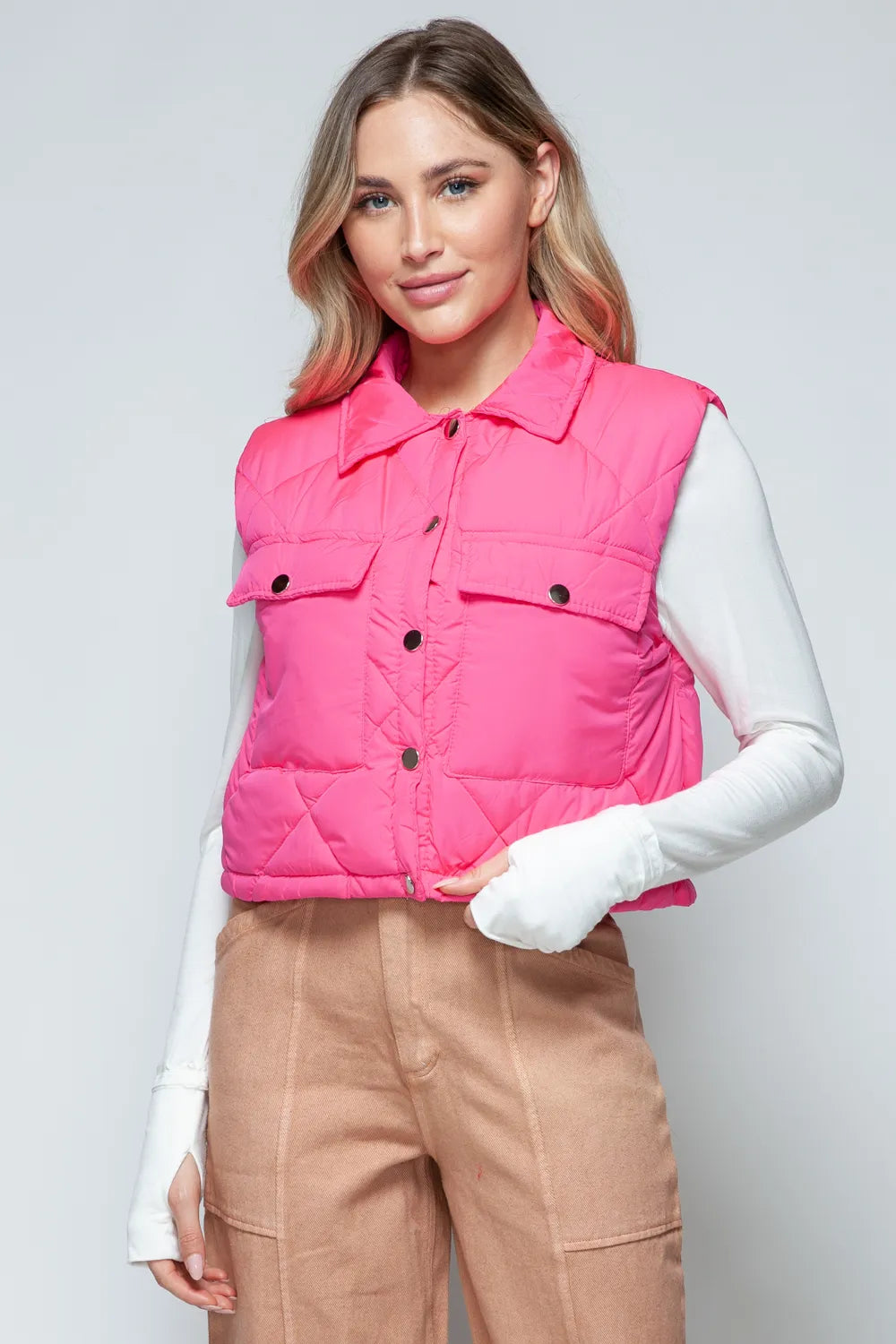 Perrin Rosetti — Snobbish Snap Down Quilted Crop Vest Hot Pink Coat or Jacket
