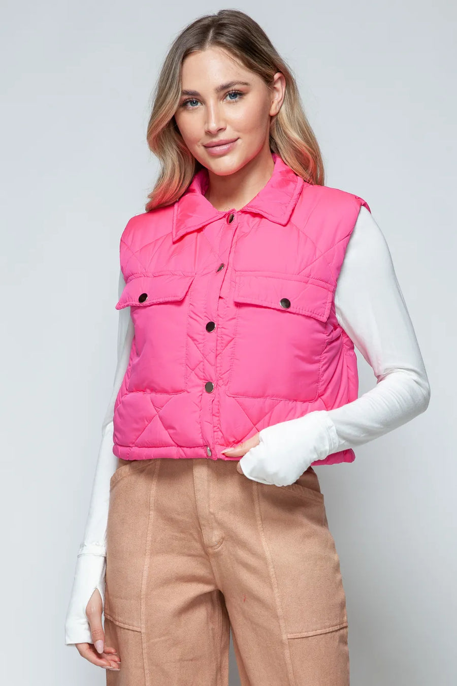 Perrin Rosetti — Snobbish Snap Down Quilted Crop Vest Hot Pink Coat or Jacket