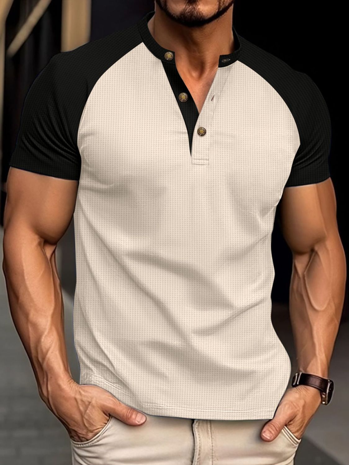 Pascal — Men's Full Size Waffle-Knit Round Neck Contrast Polo Plus Size, alternate view 8