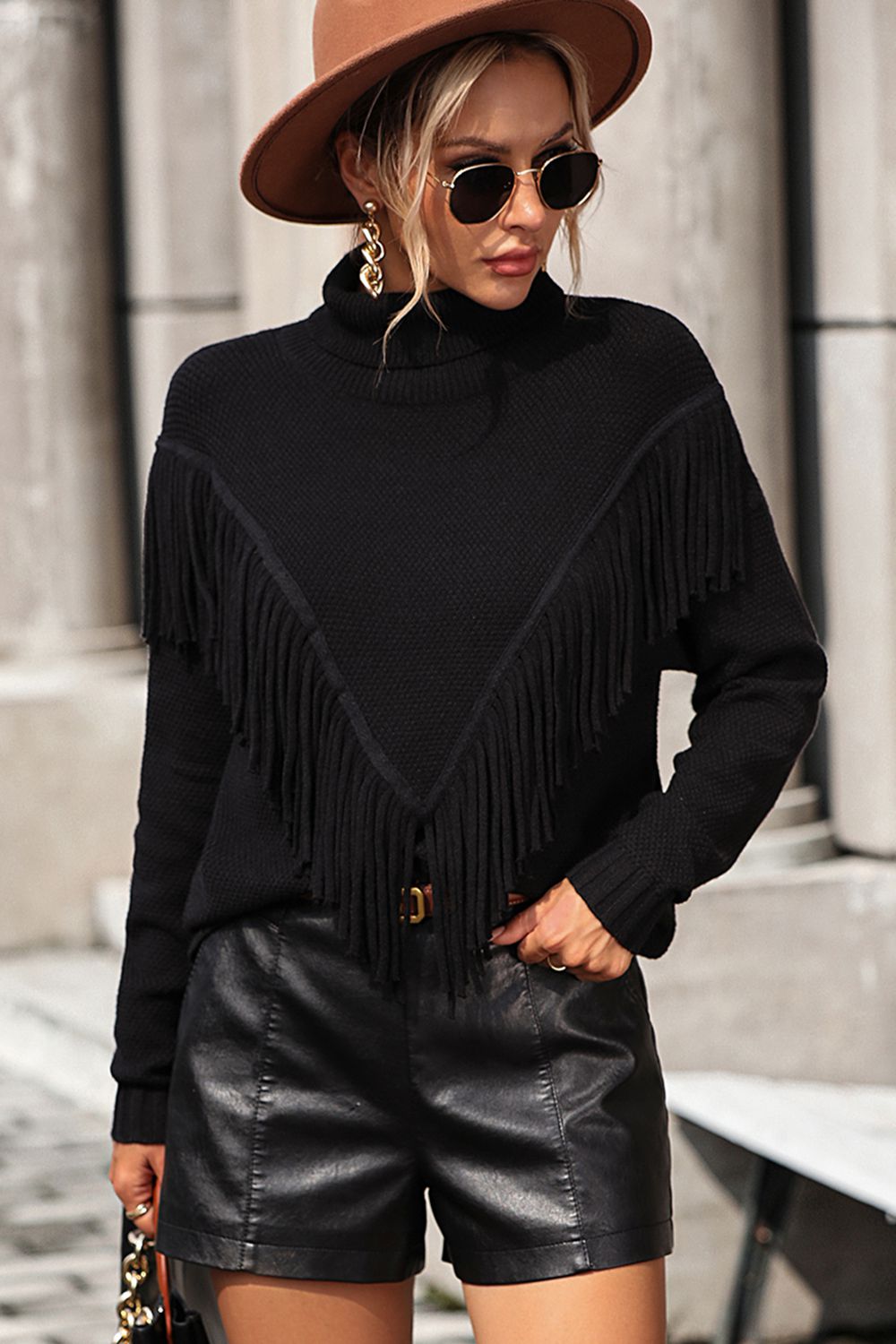 Perrin Valmont — Turtle Neck Tassel Front Long Sleeve Pullover Sweater, alternate view 6