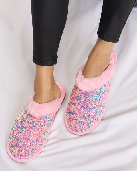 Forever Link Sequin Plush Round Toe Slippers - Opulent Empire