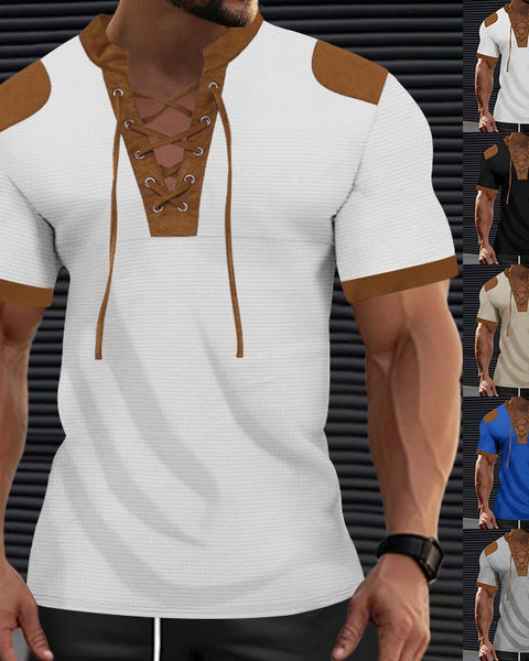 Darius™ | Lace-up Neckline Short Sleeve Shirt - Opulent EmpireDarius™ | Lace-up Neckline Short Sleeve ShirtOpulent EmpireClothing