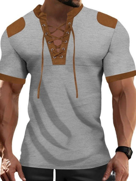 Darius™ | Lace-up Neckline Short Sleeve Shirt - Opulent EmpireDarius™ | Lace-up Neckline Short Sleeve ShirtOpulent EmpireClothing