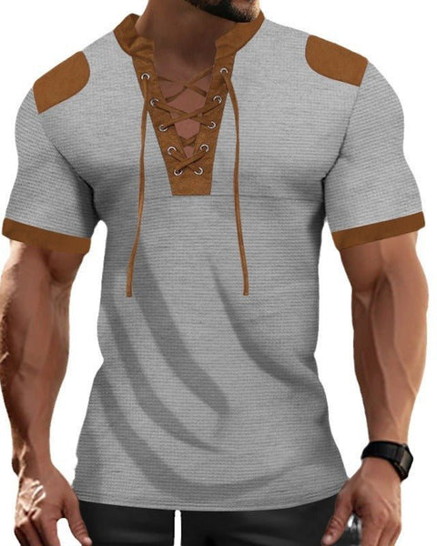 Darius™ | Lace-up Neckline Short Sleeve Shirt - Opulent EmpireDarius™ | Lace-up Neckline Short Sleeve ShirtOpulent EmpireClothing