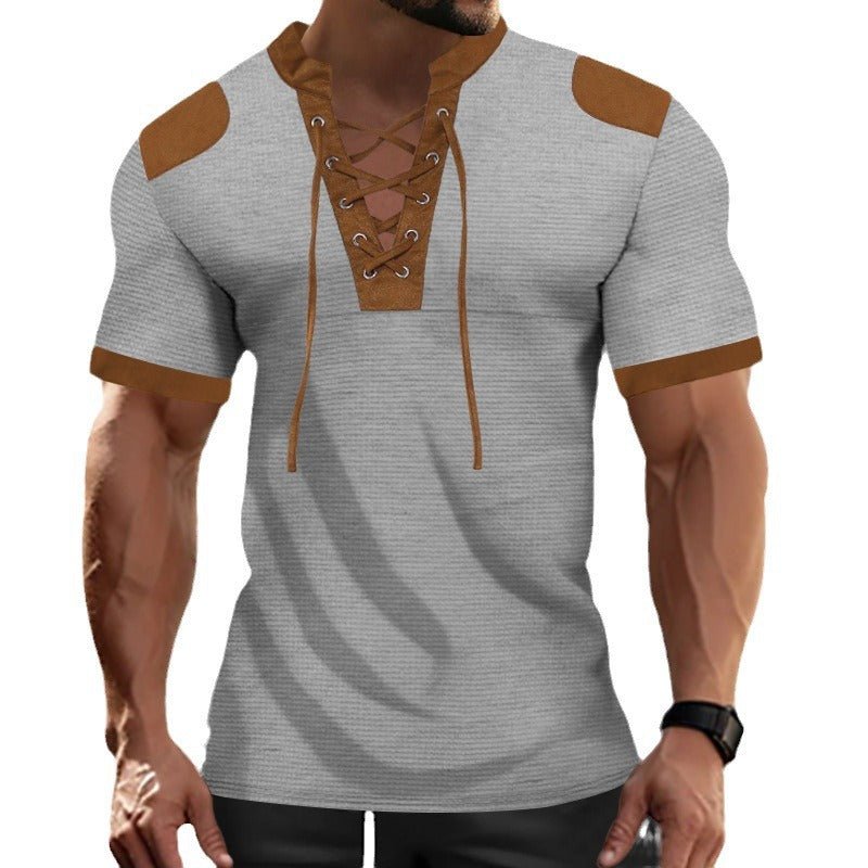 Darius™ | Lace-up Neckline Short Sleeve Shirt - Opulent EmpireDarius™ | Lace-up Neckline Short Sleeve ShirtOpulent EmpireClothing