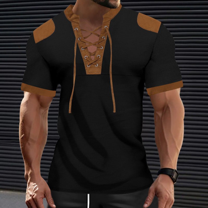 Darius™ | Lace-up Neckline Short Sleeve Shirt - Opulent EmpireDarius™ | Lace-up Neckline Short Sleeve ShirtOpulent EmpireClothing