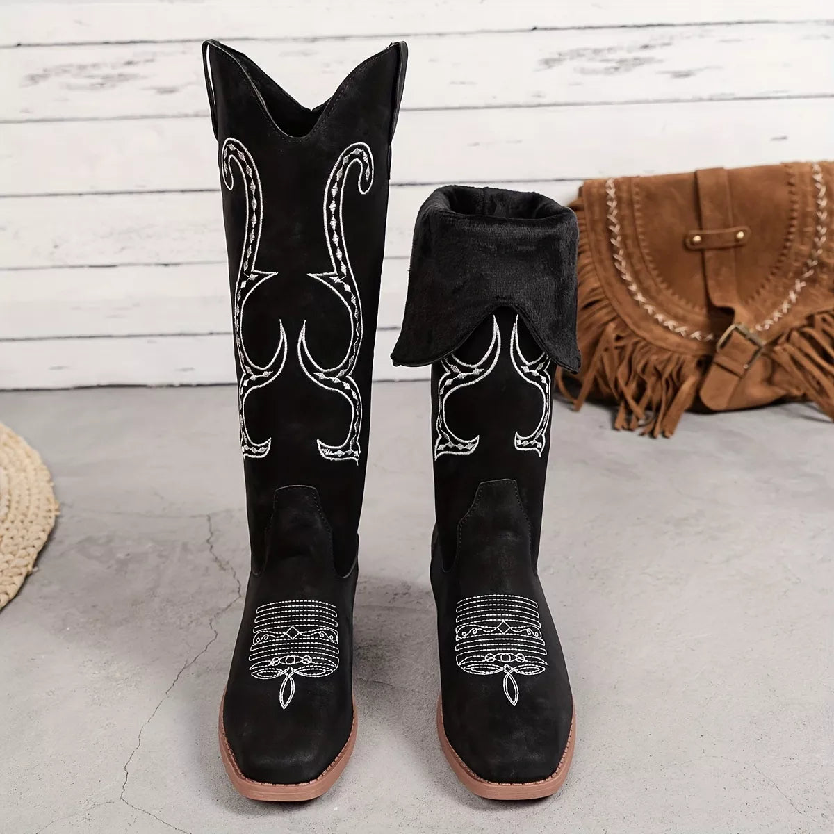 Perrin Marino — Embroidered Round Toe Block Heels Boots Fashion Footwear, alternate view 4