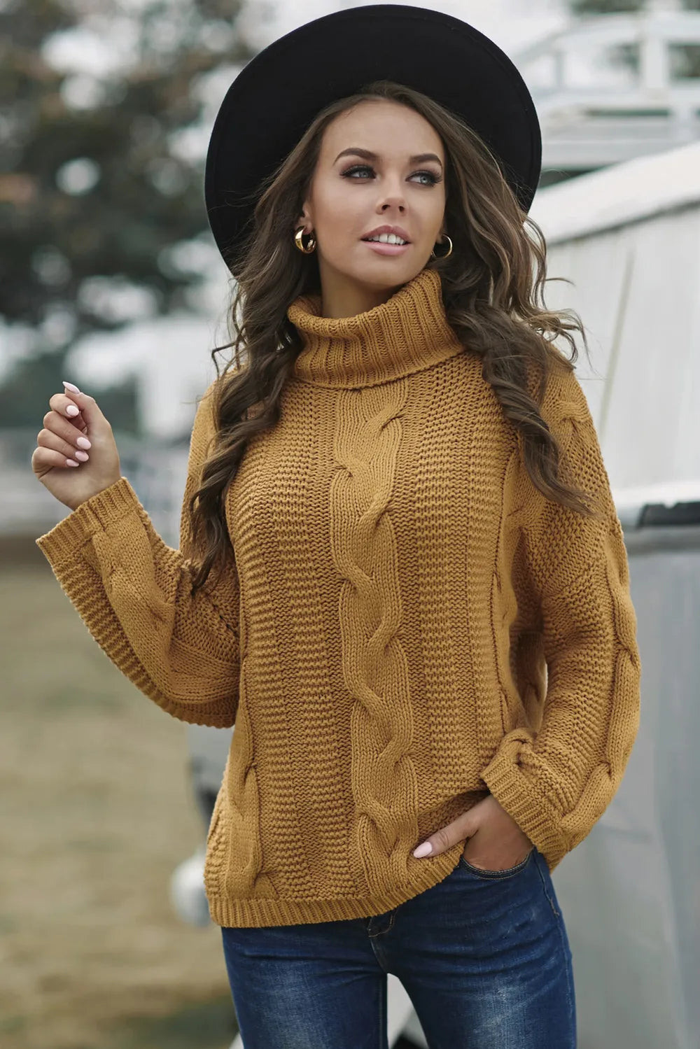 Ellis Valmont — Cable-Knit Turtleneck Dropped Shoulder Sweater, alternate view 6