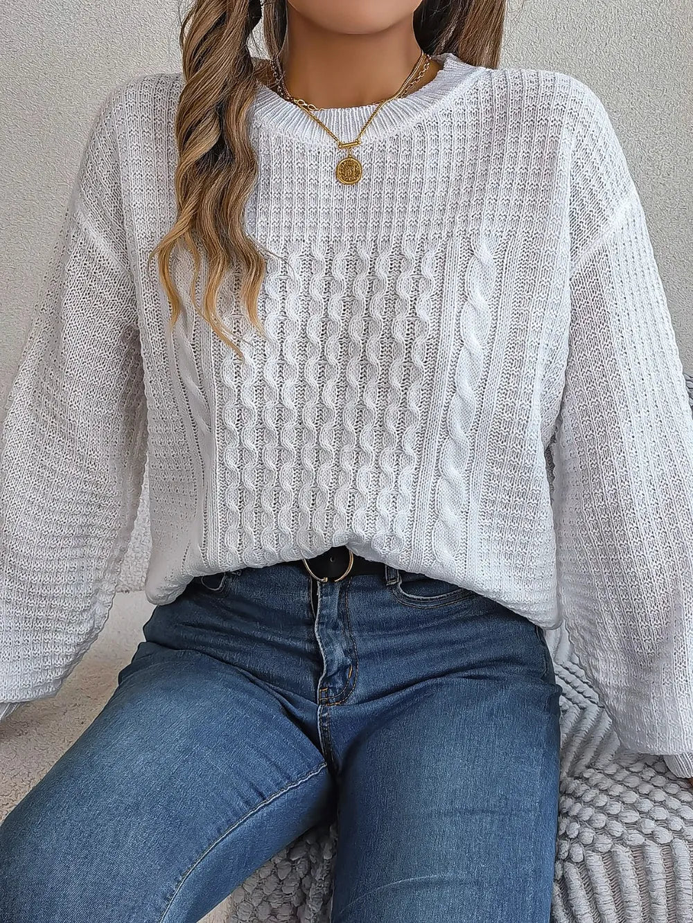 Sage Delacroix — Cable-Knit Round Neck Long Sleeve Sweater, alternate view 6