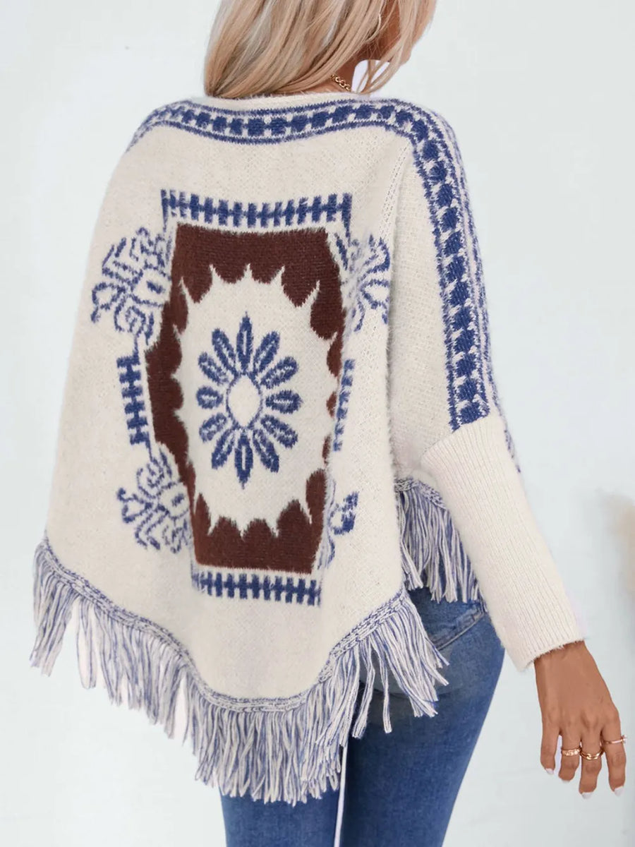 Wren Sorrento — Fringe Geometric Long Sleeve Poncho, alternate view 2