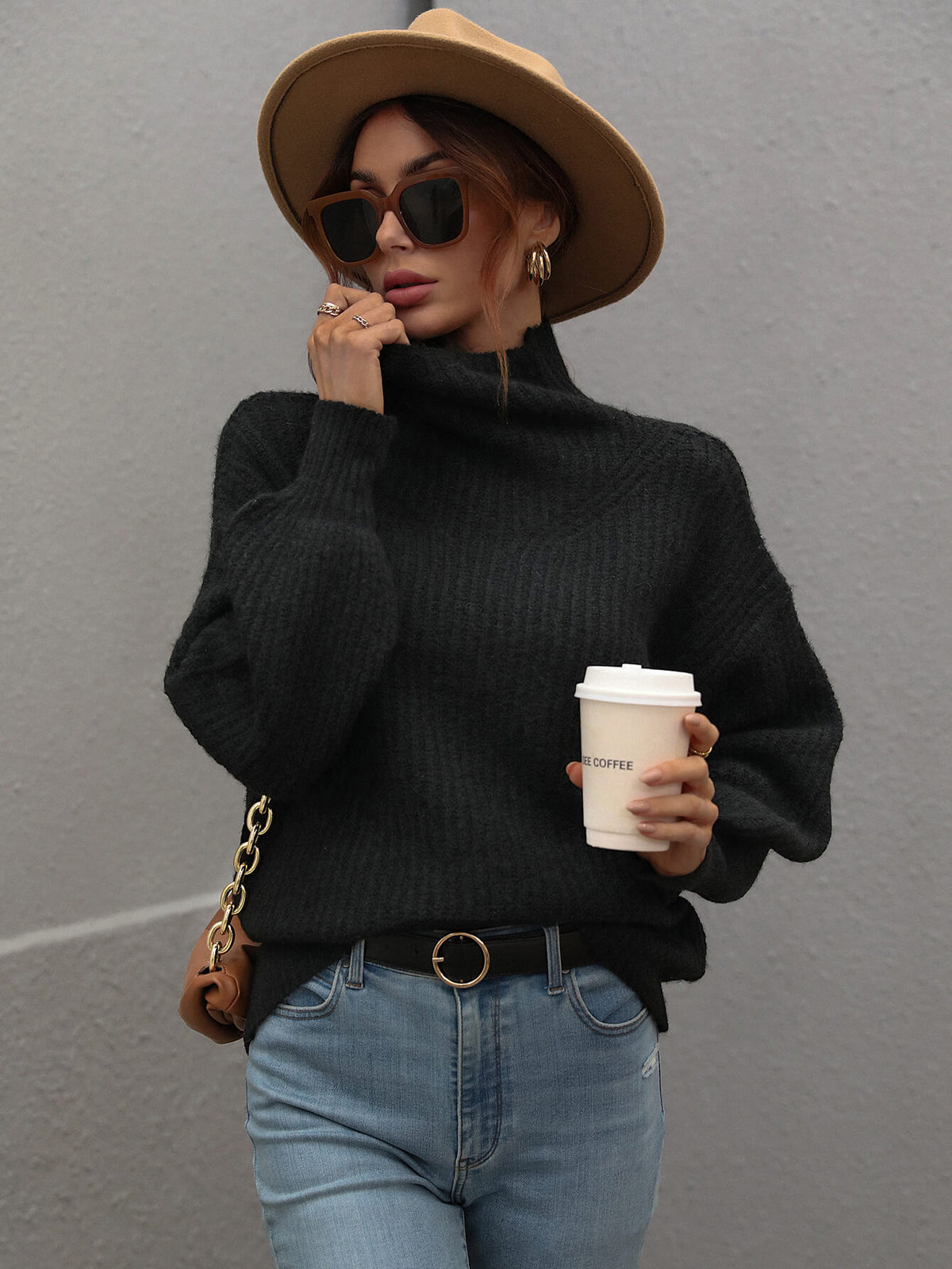 Perrin Moreau — Woven Right High Neck Balloon Sleeve Rib-Knit Pullover Sweater, alternate view 13