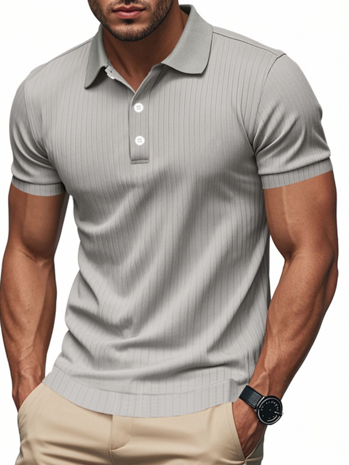 Matteo — Men's Full Size Ribbed Short Sleeve Polo Plus Size Men's Tailored Shorts, alternate view 5