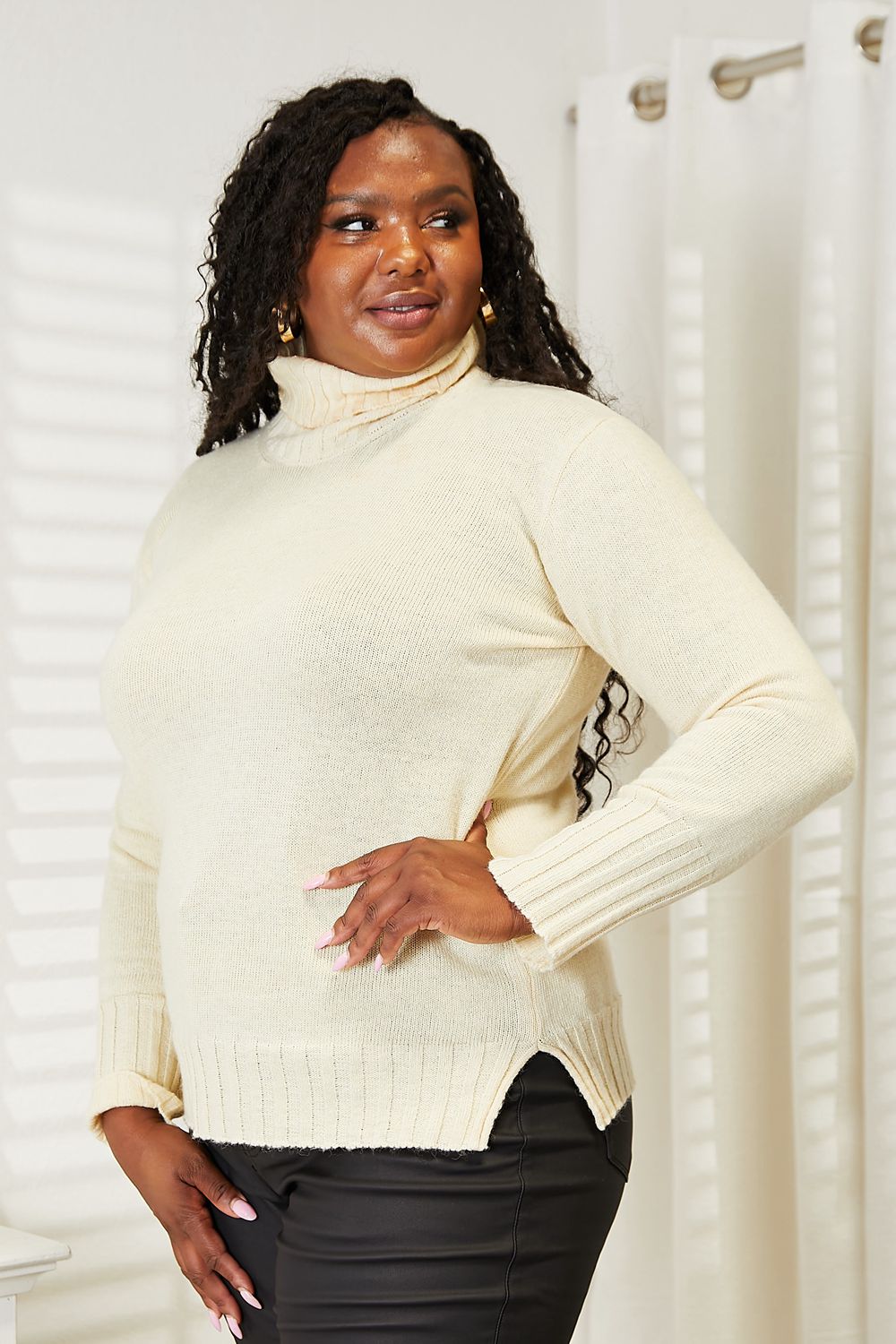 Noa Valmont — Heimish Full Size Long Sleeve Turtleneck Sweater with Side Slit, alternate view 3