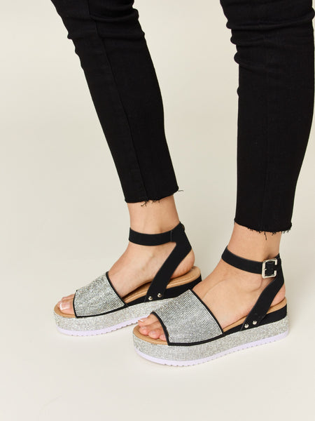 Forever Link Rhinestone Buckle Strappy Wedge Sandals - Opulent Empire