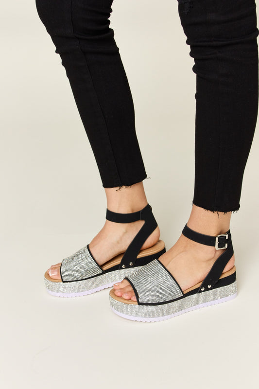 Forever Link Rhinestone Buckle Strappy Wedge Sandals - Opulent Empire
