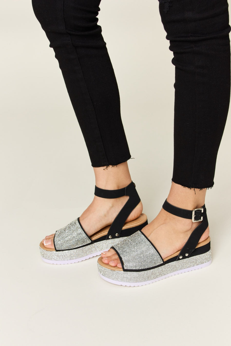 Reese Montclair — Forever Link Rhinestone Buckle Strappy Wedge Sandals Black Fashion Footwear