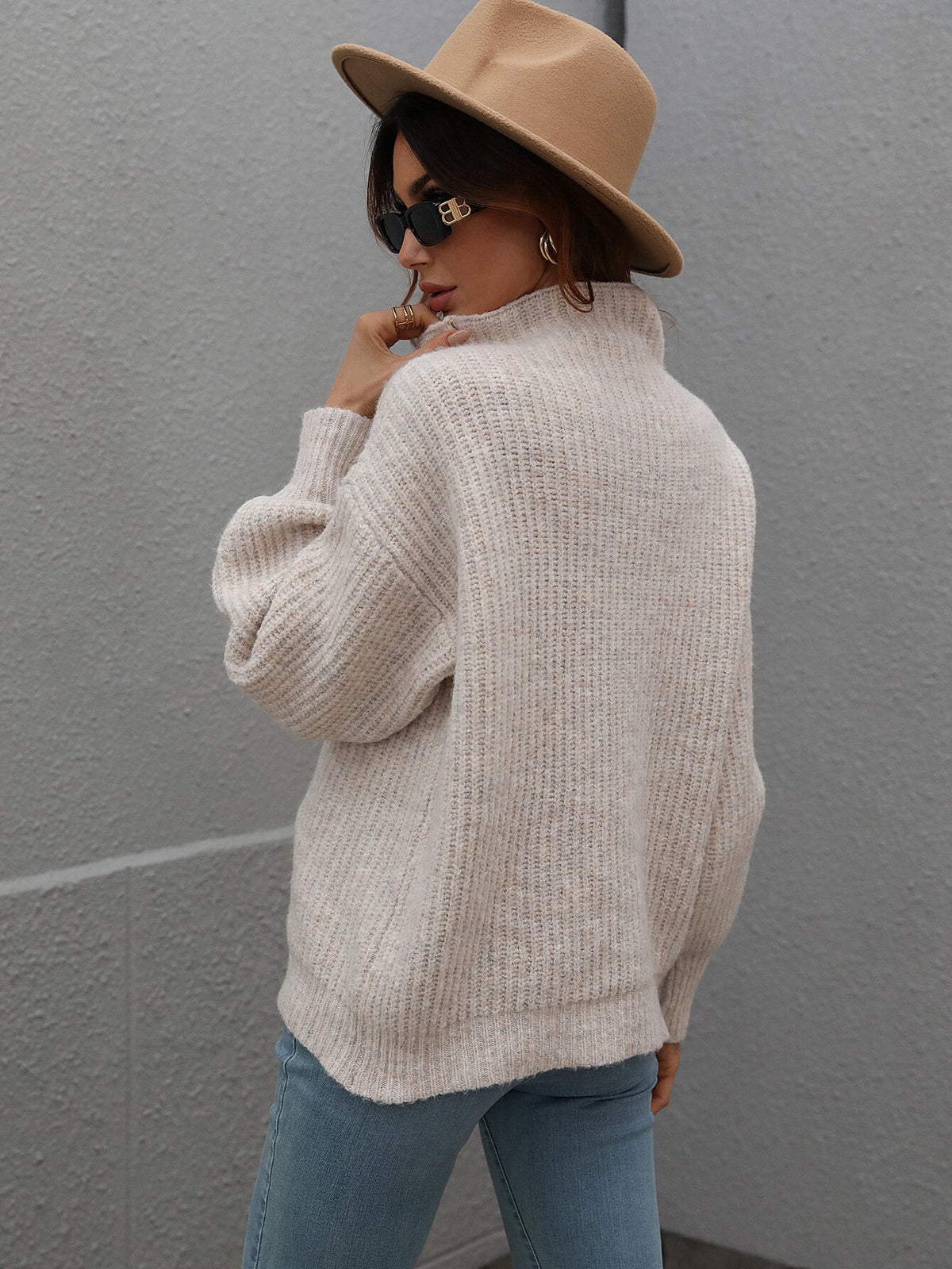 Perrin Moreau — Woven Right High Neck Balloon Sleeve Rib-Knit Pullover Sweater, alternate view 23