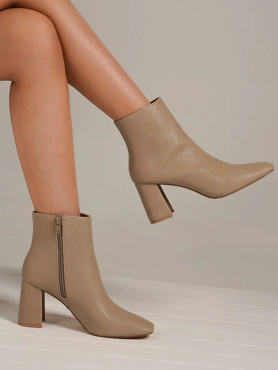 Beast Fashion PU Leather Block Heel Boots with Side Zippers - Opulent Empire