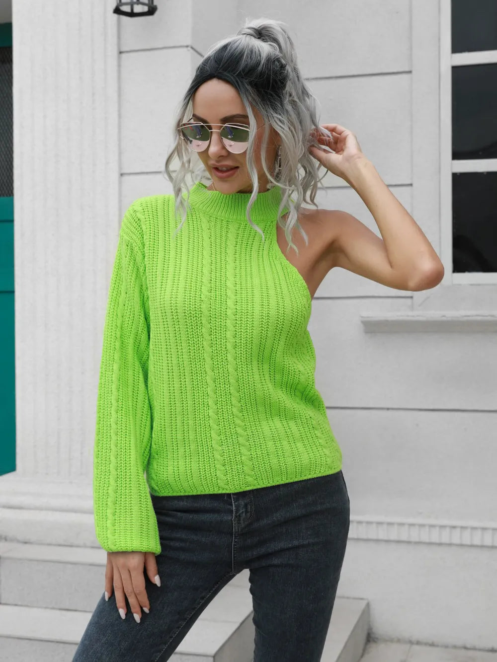 Sasha Valmont — Cable-Knit Round Neck Asymmetrical Sweater, alternate view 7