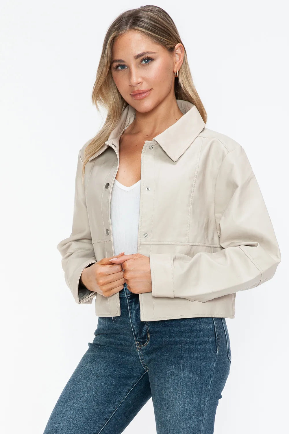 Ellis Rosetti — Snobbish Snap Down Long Sleeve PU Leather Jacket, alternate view 9