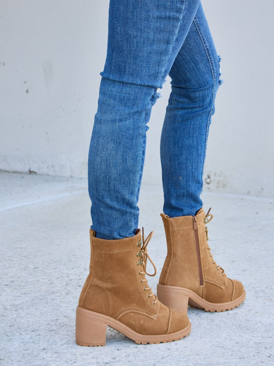 Forever Link Lace-Up Zipper Detail Block Heel Boots - Opulent Empire