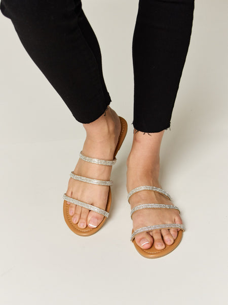 WILD DIVA Rhinestone Three-Strap Flat Sandals - Opulent Empire