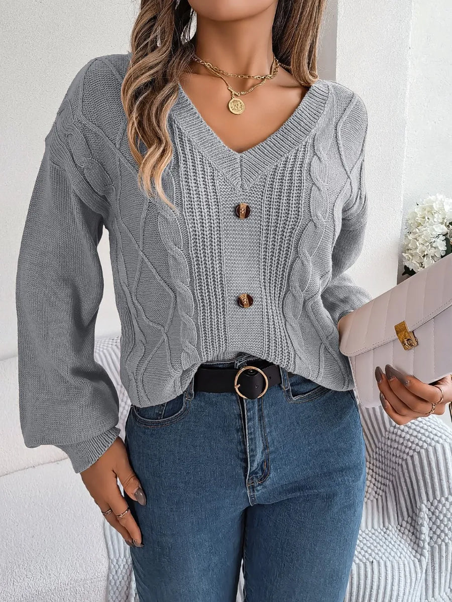 Quinn Rivière — Cable-Knit Buttoned V-Neck Sweater
