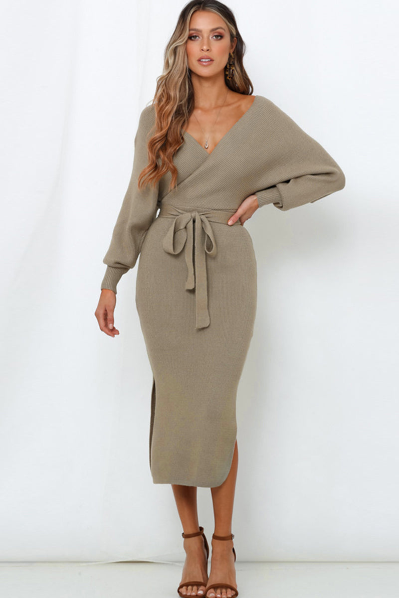 Nova Fontaine — Surplice Neck Bow Waist Slit Sweater Dress, alternate view 13