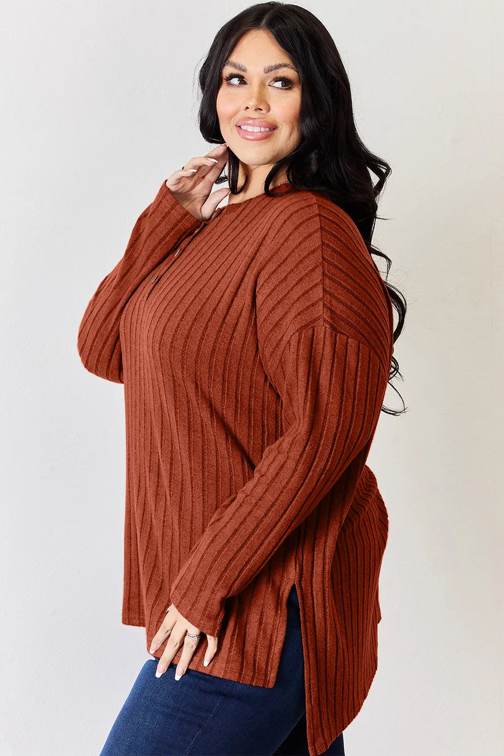 Noa Rousseau — Basic Bae Full Size Ribbed Half Button Long Sleeve High-Low T-Shirt, alternate view 27
