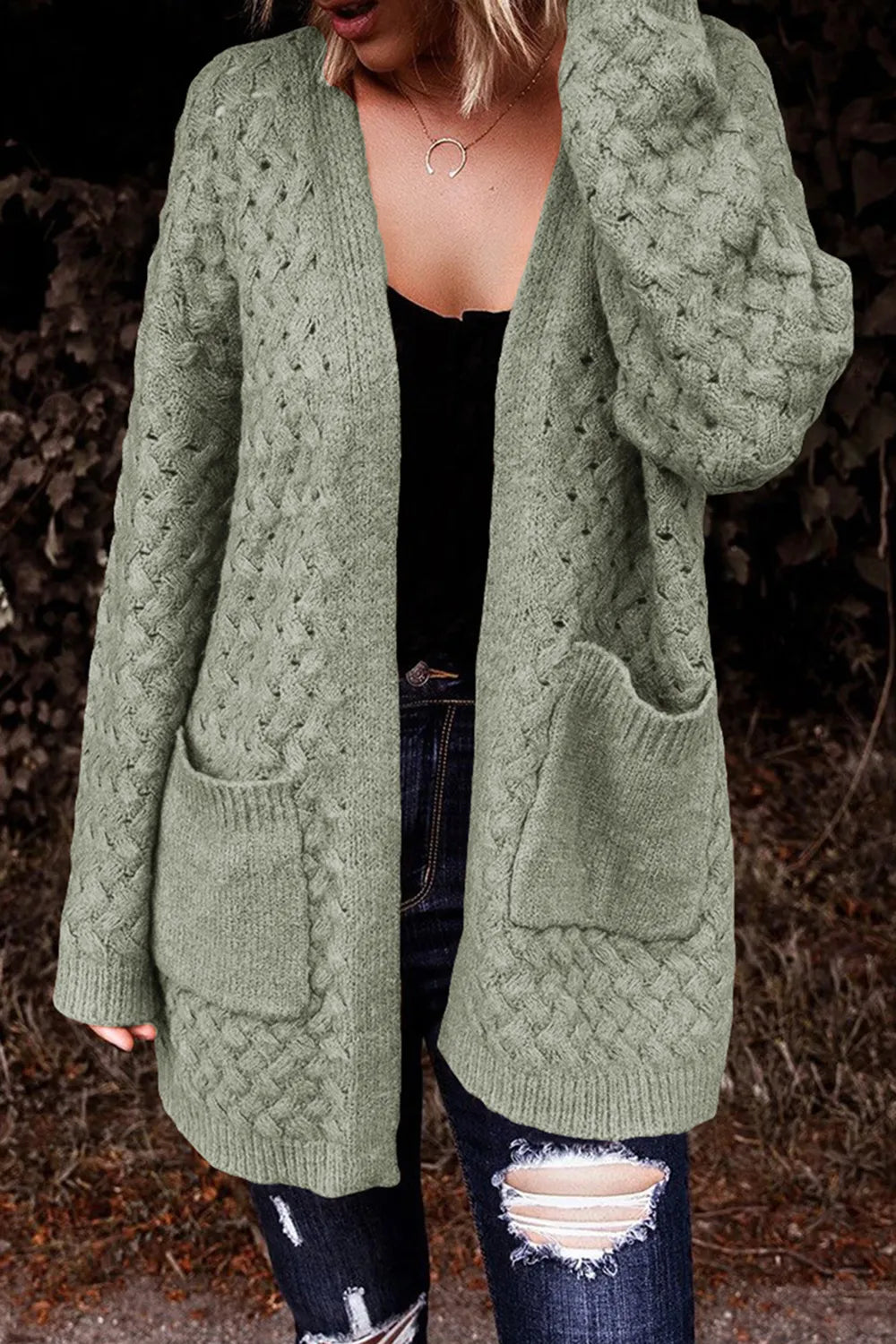 Perrin Delacroix — Open Front Dropped Shoulder Cardigan with Pockets, alternate view 26