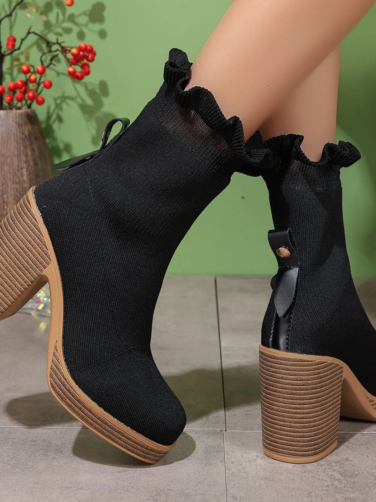 Ellis Bellini — Ruffled Trim Chunky Heel Boots, alternate view 4