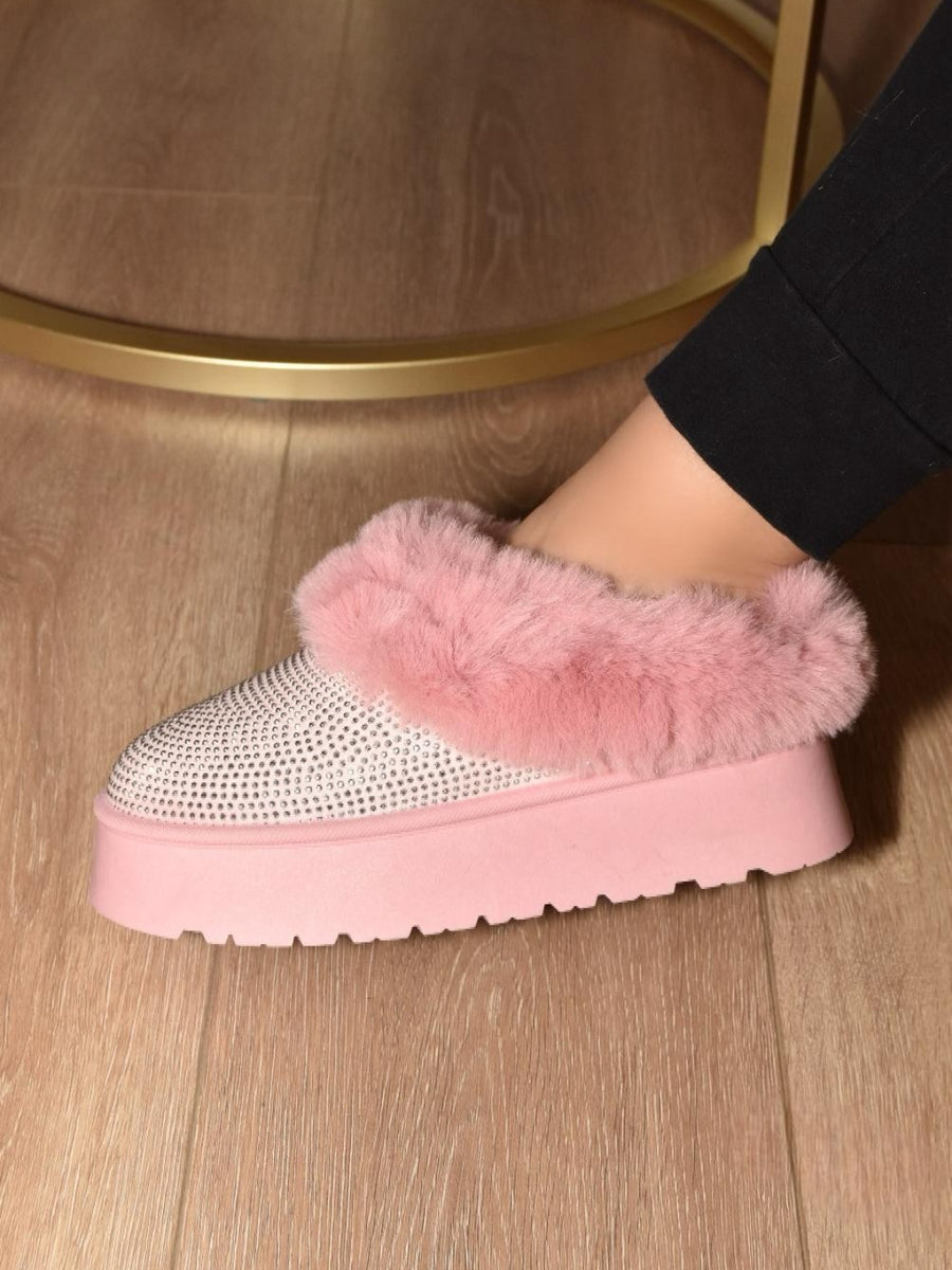 Jules Montclair — WILD DIVA Embellished Faux Fur Platform Booties Pink Fashion Footwear