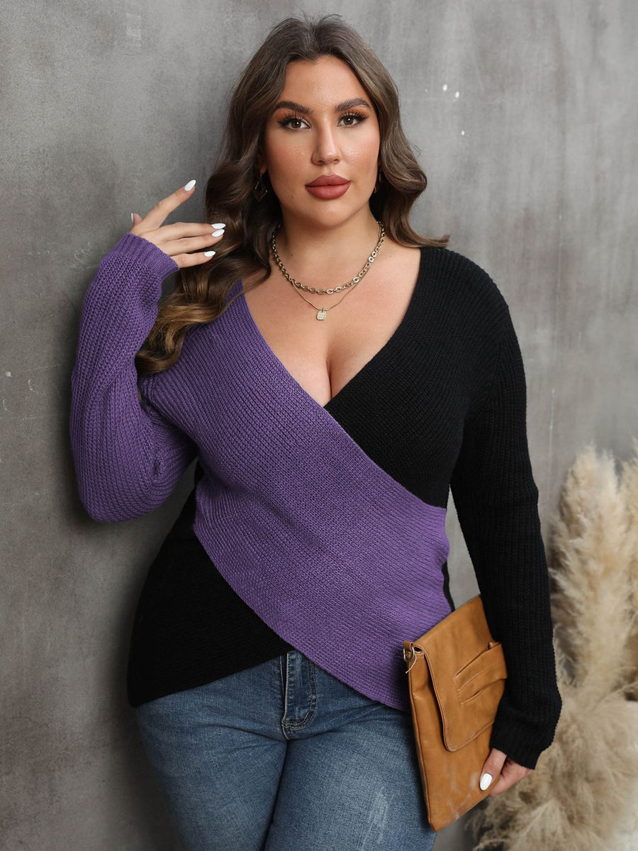 Aster Rousseau — Plus Size Two-Tone Surplice Neck Sweater