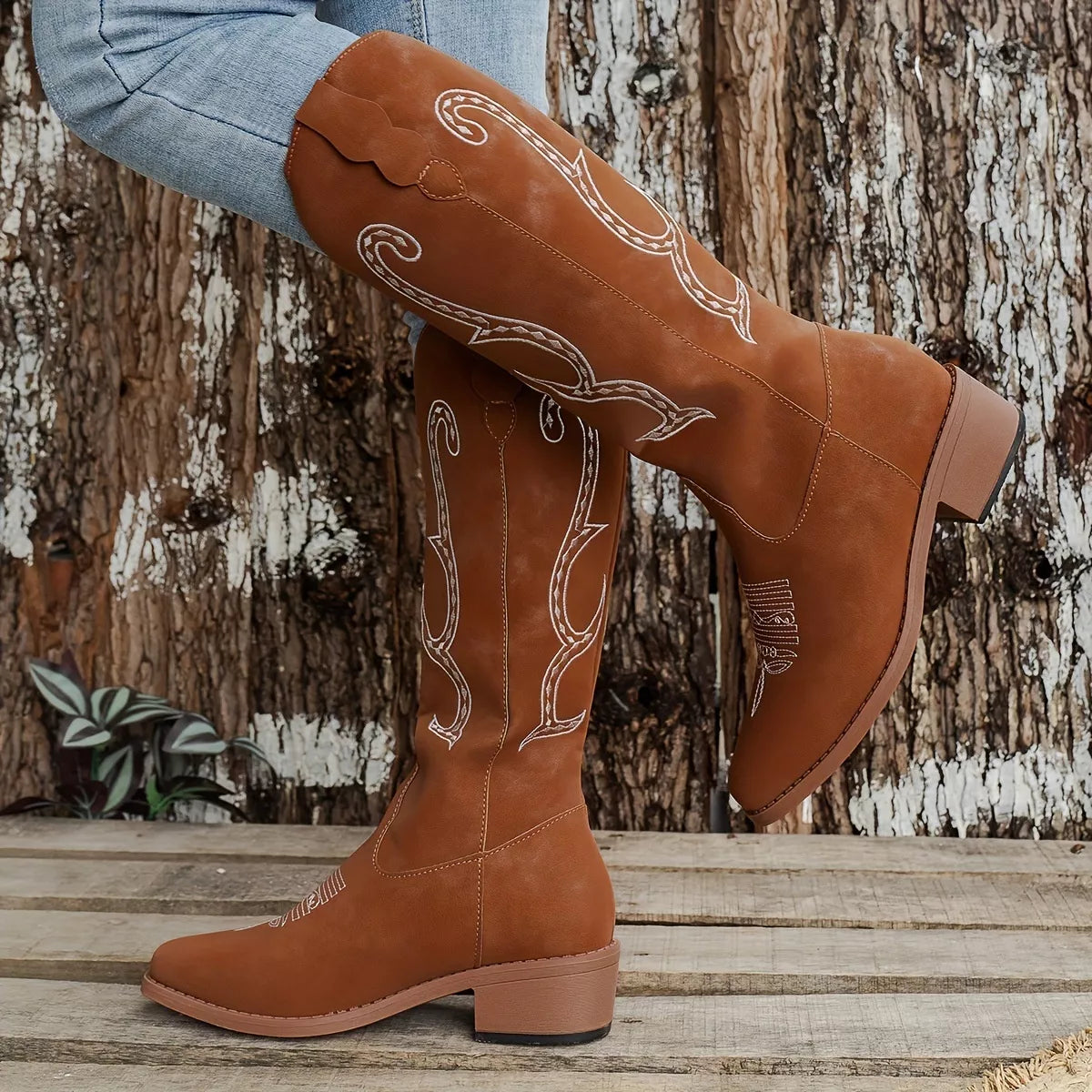 Perrin Marino — Embroidered Round Toe Block Heels Boots Fashion Footwear, alternate view 9