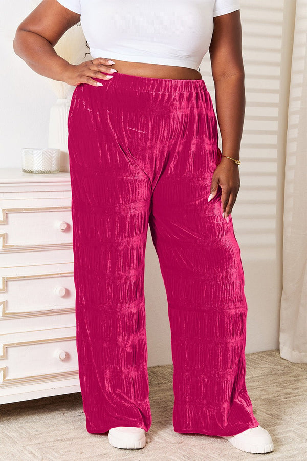 Double Take Full Size High Waist Tiered Shirring Velvet Wide Leg Pants - Opulent EmpireDouble Take Full Size High Waist Tiered Shirring Velvet Wide Leg PantsOpulent Empire