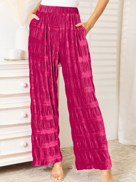 Double Take Full Size High Waist Tiered Shirring Velvet Wide Leg Pants - Opulent EmpireDouble Take Full Size High Waist Tiered Shirring Velvet Wide Leg PantsOpulent Empire