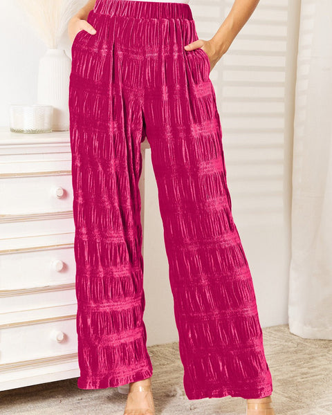 Double Take Full Size High Waist Tiered Shirring Velvet Wide Leg Pants - Opulent EmpireDouble Take Full Size High Waist Tiered Shirring Velvet Wide Leg PantsOpulent Empire