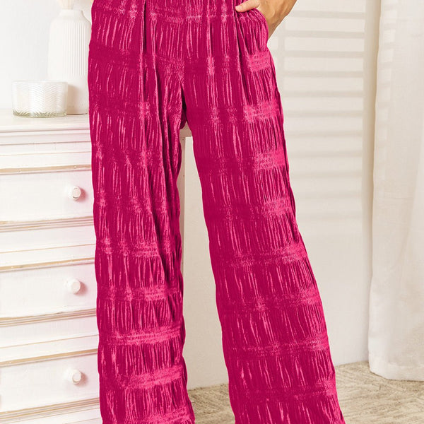 Double Take Full Size High Waist Tiered Shirring Velvet Wide Leg Pants - Opulent EmpireDouble Take Full Size High Waist Tiered Shirring Velvet Wide Leg PantsOpulent Empire