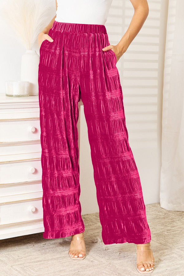 Double Take Full Size High Waist Tiered Shirring Velvet Wide Leg Pants - Opulent EmpireDouble Take Full Size High Waist Tiered Shirring Velvet Wide Leg PantsOpulent Empire